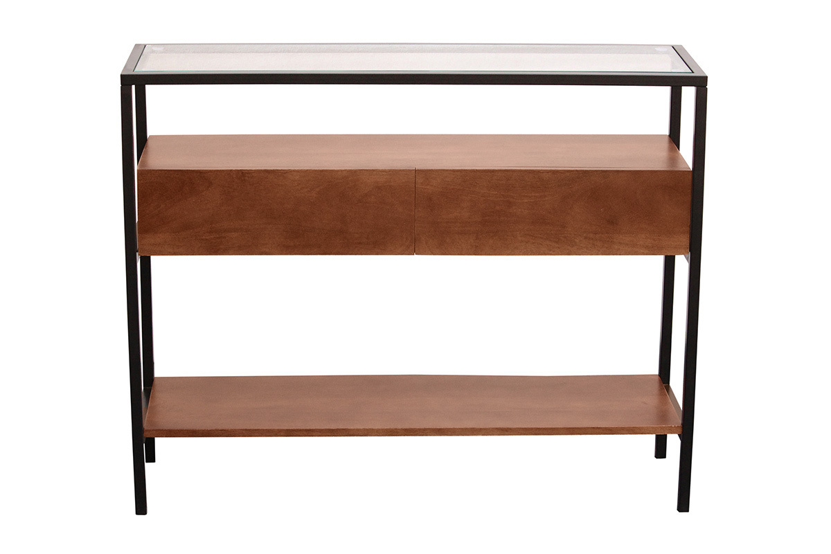 Consolle in legno scuro di mango con piano in vetro e due cassetti, vista frontale.