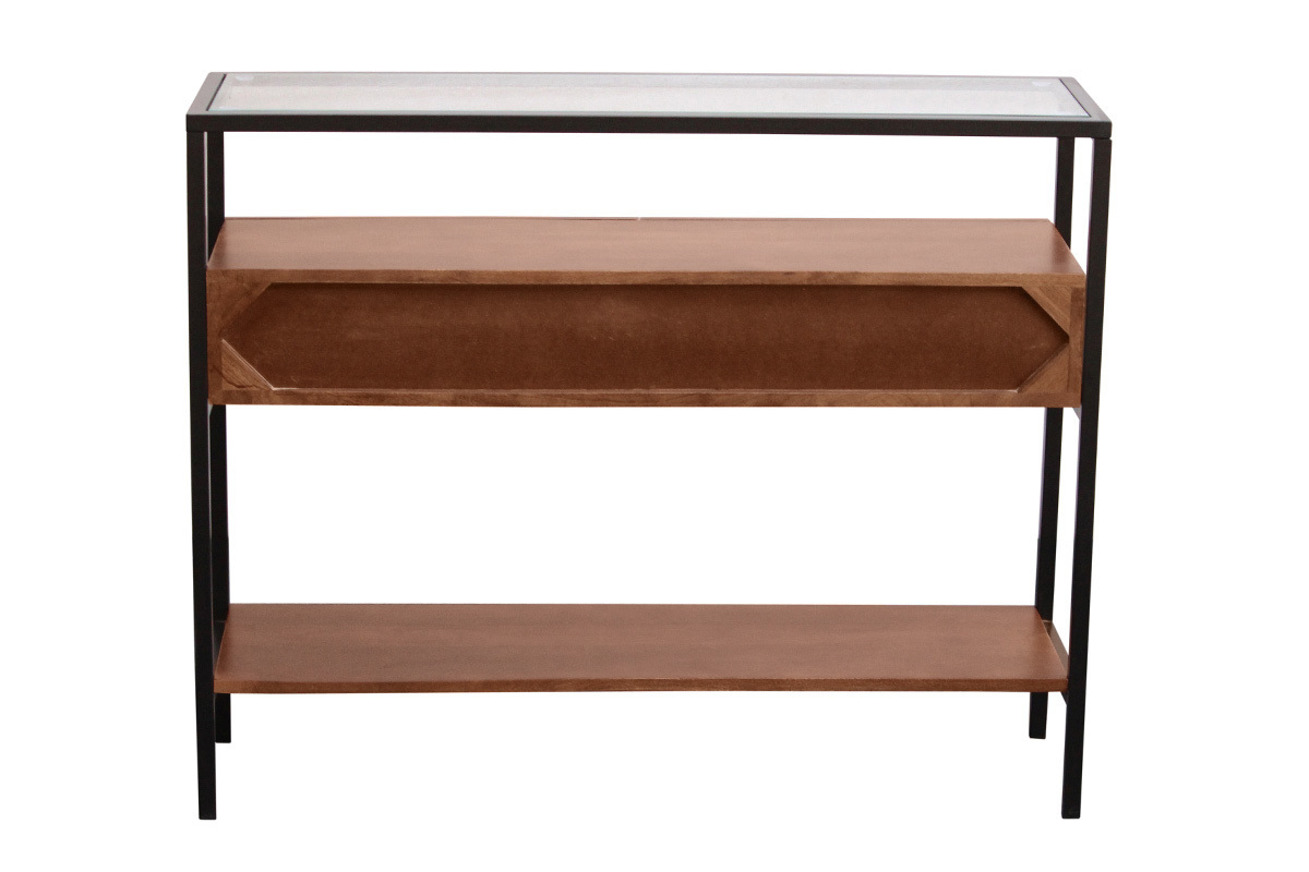 Console in legno di mango scuro con piano in vetro, vista posteriore, 2 cassetti, L100 cm SITA