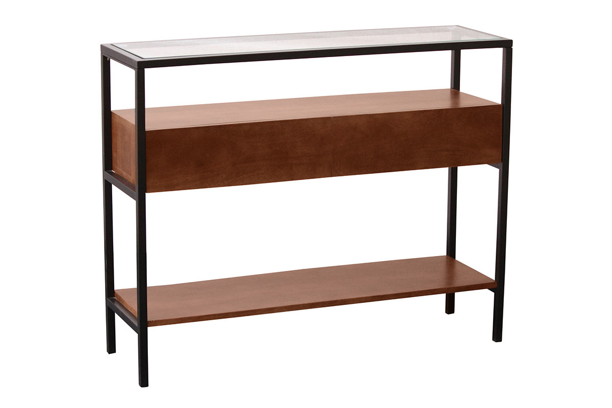 Console SITA in legno di mango massello scuro con piano in vetro, due cassetti, vista a 3/4