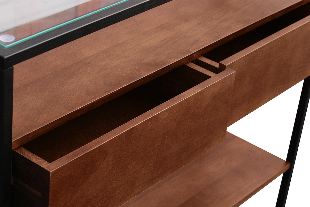 Consolle in legno scuro massello di mango e piano in vetro 2 cassetti L100 cm SITA