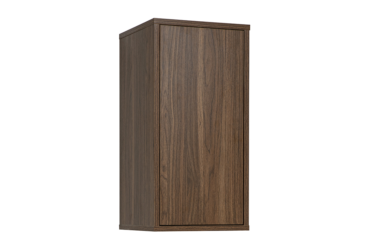 Mensola da parete in legno scuro noce, vista a 3/4, dimensioni L30 x P30 x H60 cm.