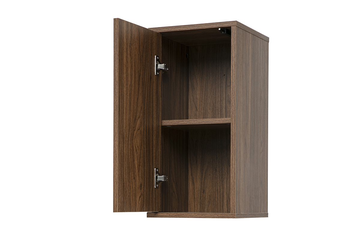 Mensola da parete in legno scuro noce, vista 3/4 con una porta aperta, due scomparti interni.