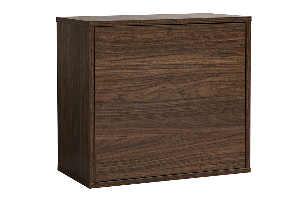 Contenitore murale FLEXO in legno scuro noce, vista 3/4, dimensioni L55 x P30 x H50 cm