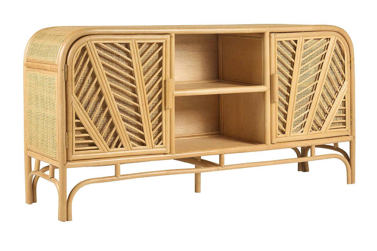 Buffet vintage in rattan con due porte e scaffali aperti, vista da 3/4.