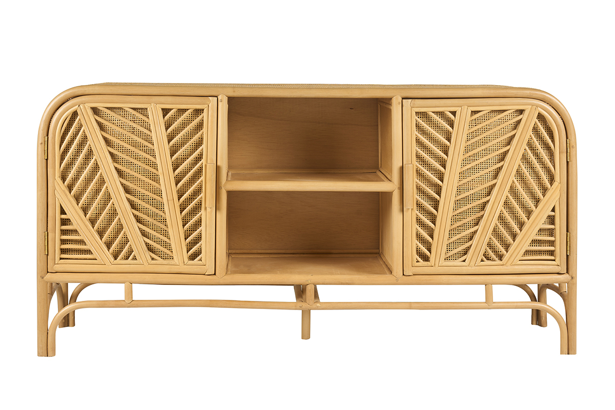 Buffet vintage in rattan con due ante e ripiani centrali aperti, vista frontale.