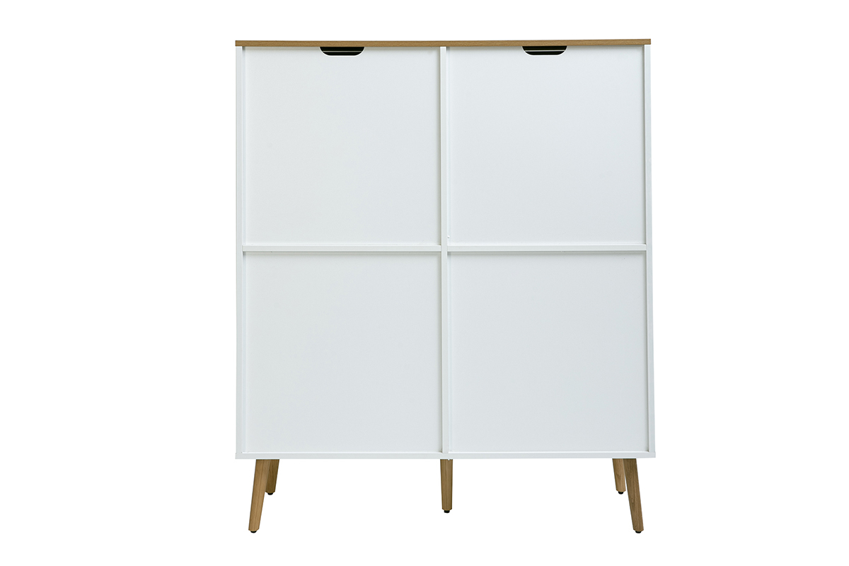 Credenza alta scandinava ANDERS in legno chiaro rovere e bianco, vista posteriore, quattro ante