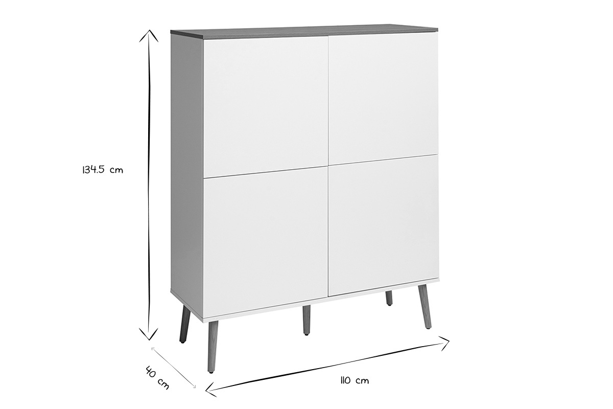 Credenza alta scandinava ANDERS, dimensioni L110 x P40 x H134,5 cm in nero e bianco.