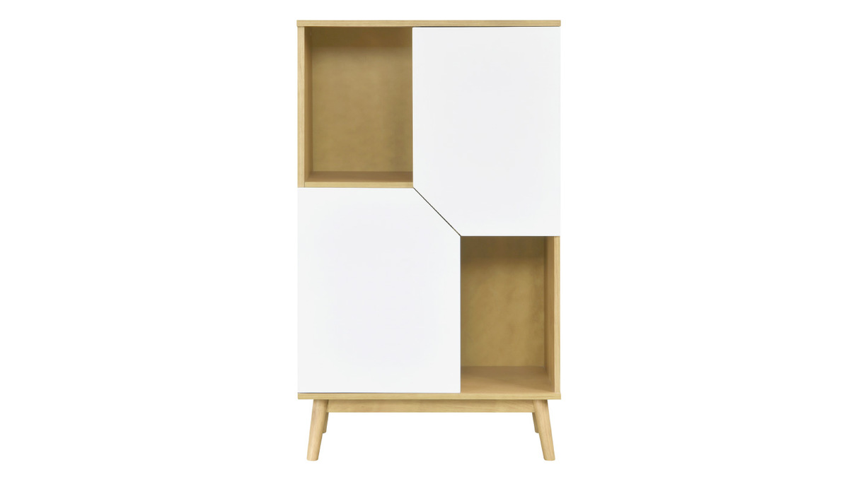 Credenza alta scandinava in legno chiaro e 2 ante bianche TALIA - Miliboo