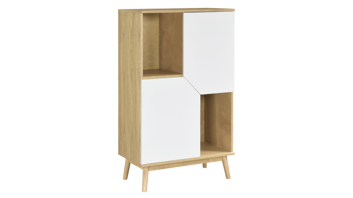 Credenza alta scandinava in legno chiaro e 2 ante bianche TALIA