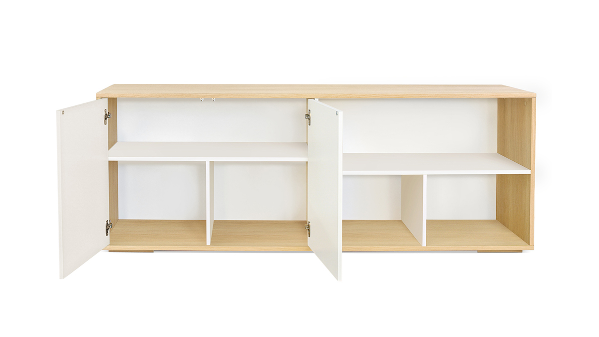 Credenza bassa scandinava bianco e legno chiaro massello di rovere L190