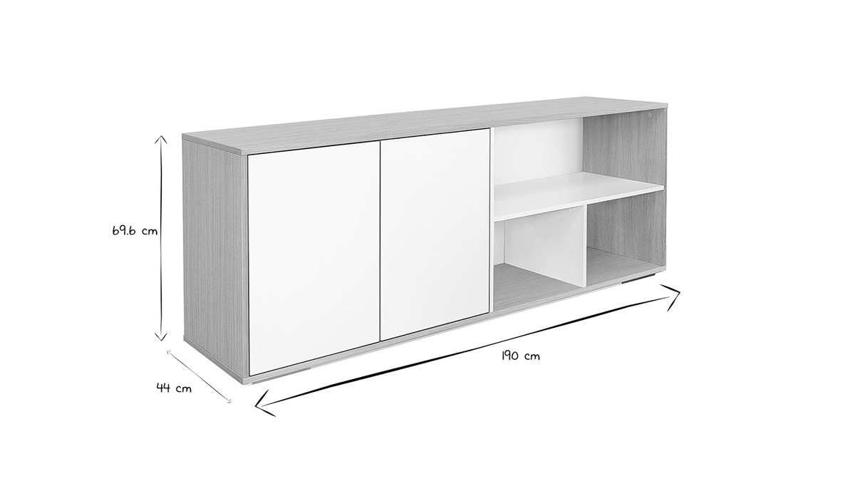 Credenza bassa scandinava bianco e legno chiaro massello di rovere L190