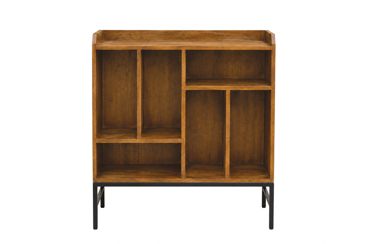 Credenza porta vinili in legno massello e metallo nero con nicchie aperte, vista frontale.