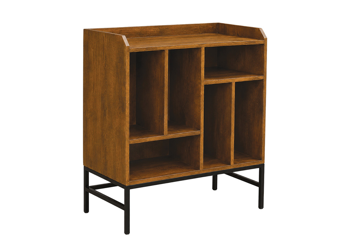Credenza porta vinili in legno massiccio e metallo nero, vista a 3/4