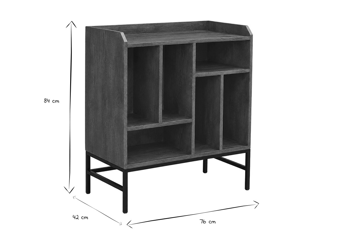 Credenza porta vinili in legno e metallo nero, dimensioni in bianco e nero: L76 x P42 x H84 cm.