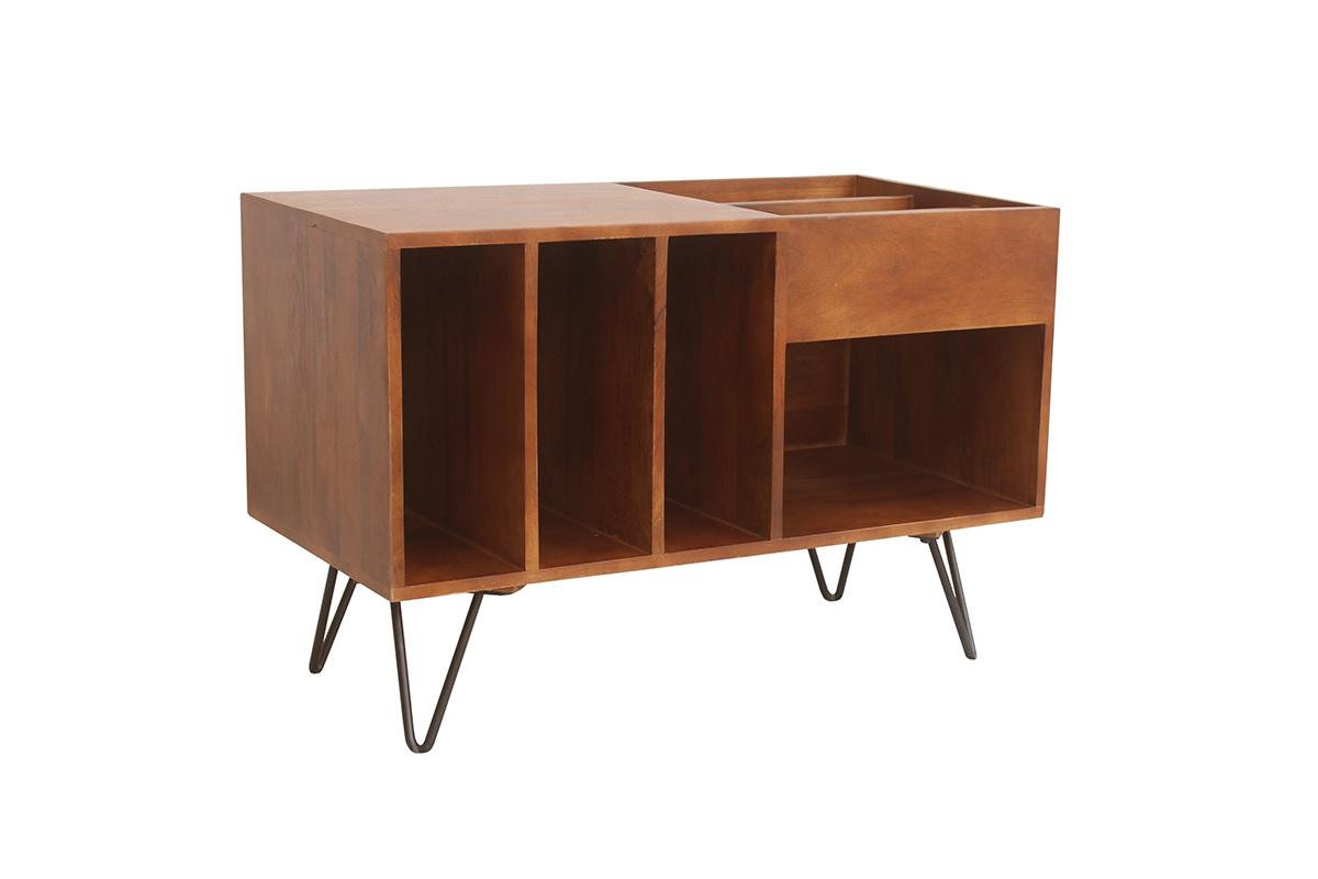 Credenza da collezione vinili in legno di mango massiccio tinto e metallo L90 cm BOOGIE