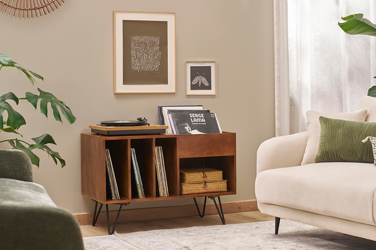 Credenza da collezione vinili in legno di mango massiccio tinto e metallo L90 cm BOOGIE