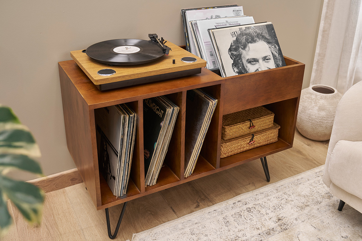 Credenza da collezione vinili in legno di mango massiccio tinto e metallo L90 cm BOOGIE