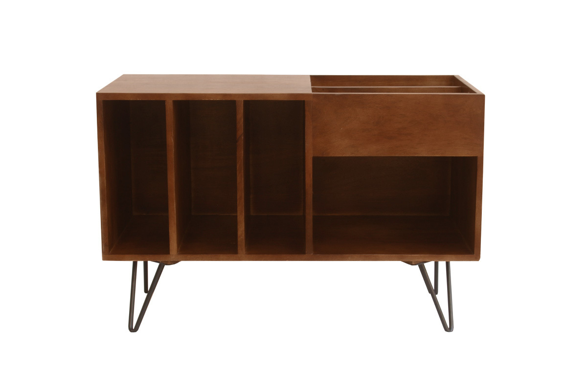 Credenza da collezione vinili in legno di mango massiccio tinto e metallo L90 cm BOOGIE