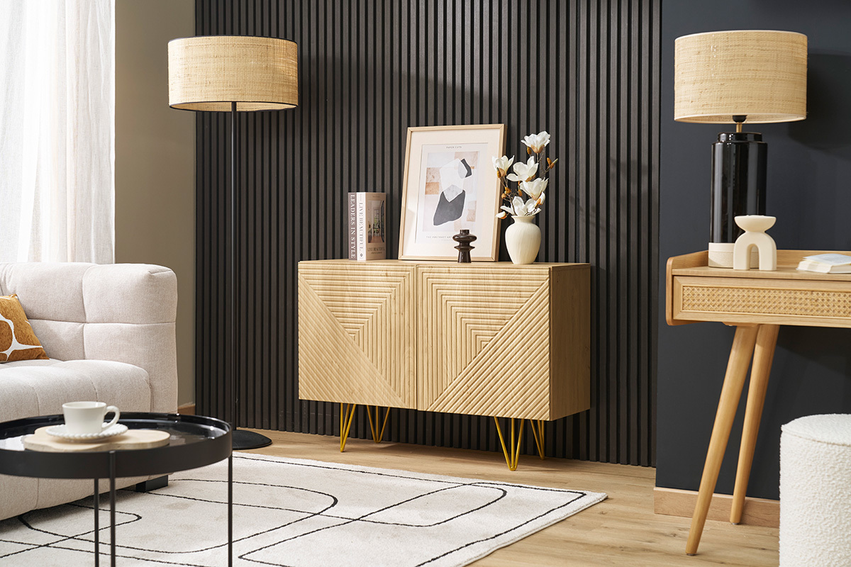 Credenza design con incisioni finitura legno chiaro rovere e metallo dorato 2 ante L107 cm OZEN