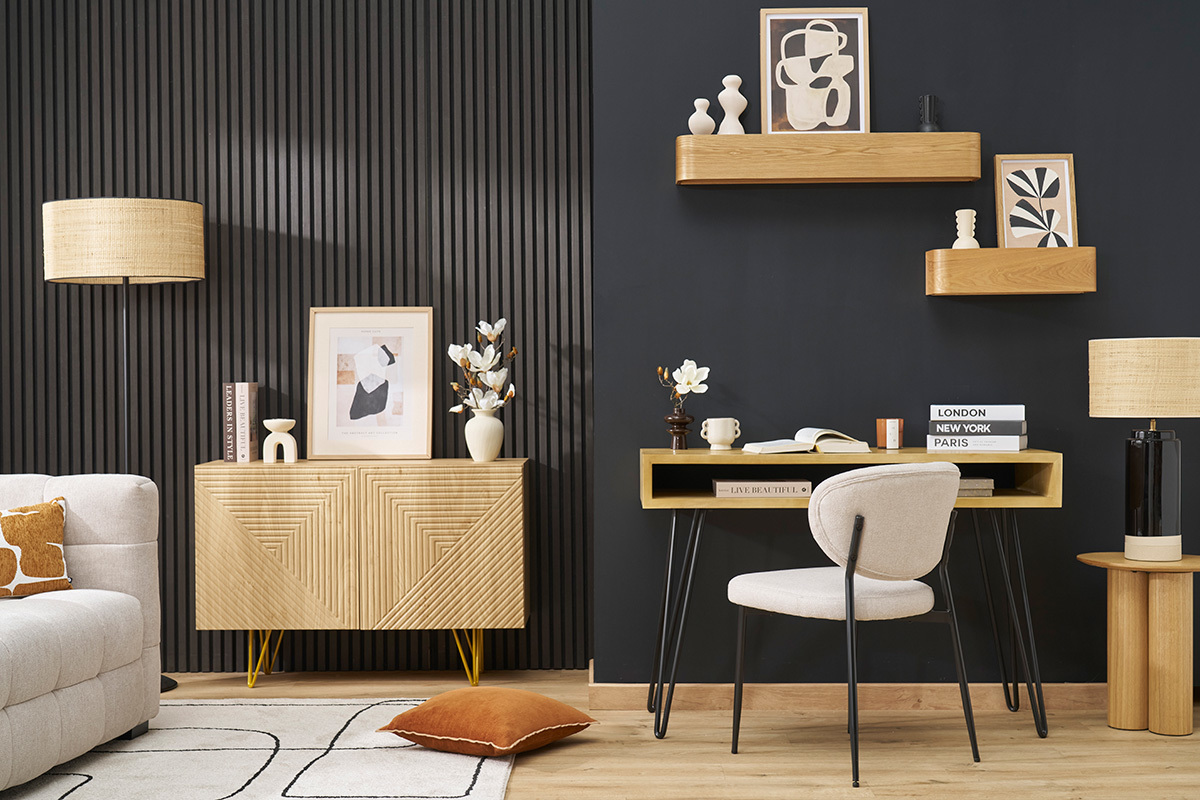 Credenza design con incisioni finitura legno chiaro rovere e metallo dorato 2 ante L107 cm OZEN