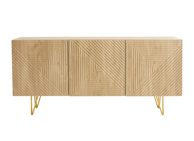 Credenza design con incisioni legno chiaro rovere e metallo dorato 3 ante L160 cm OZEN