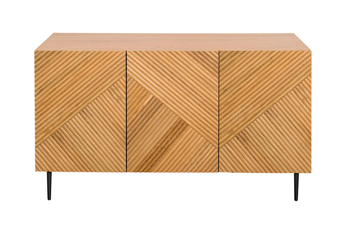 Credenza design in legno chiaro massello di rovere con incisioni e metallo nero 3 ante L135 cm ARCHIPEL