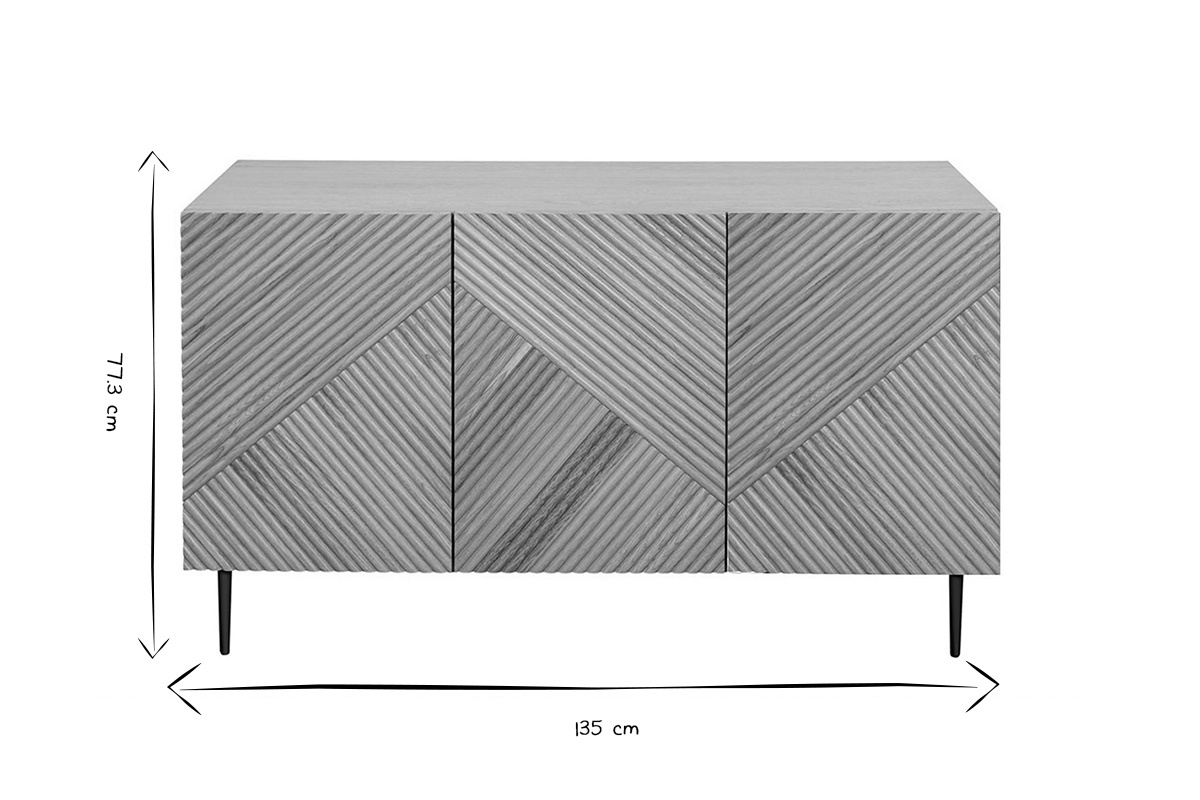 Credenza design in legno chiaro massello di rovere con incisioni e metallo nero 3 ante L135 cm ARCHIPEL