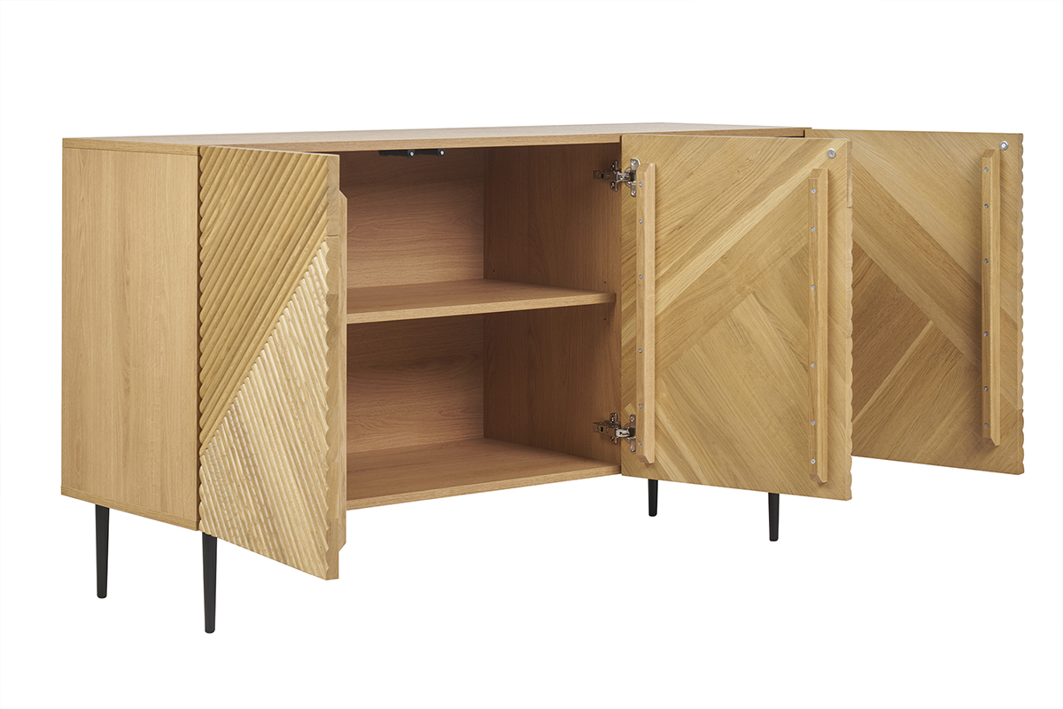 Credenza design in legno chiaro massello di rovere con incisioni e metallo nero 3 ante L135 cm ARCHIPEL