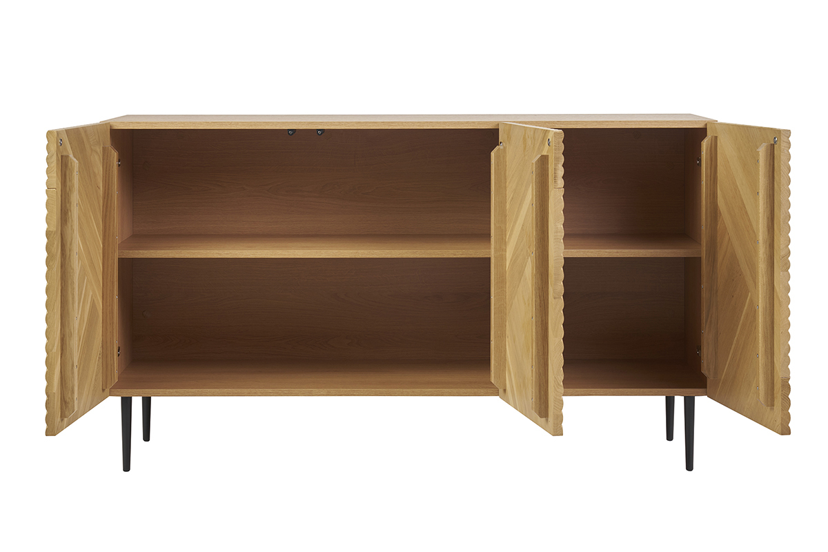 Credenza design in legno chiaro massello di rovere con incisioni e metallo nero 3 ante L135 cm ARCHIPEL