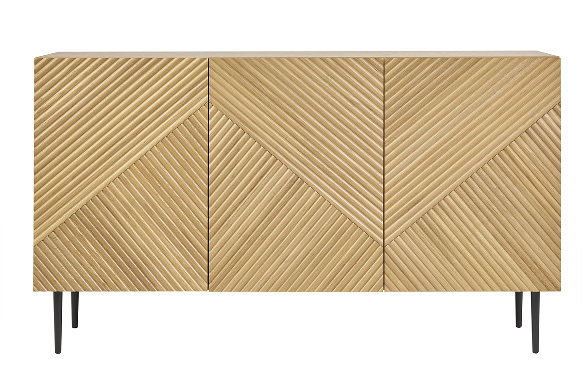 Credenza design in legno chiaro massello di rovere con incisioni e metallo nero 3 ante L135 cm ARCHIPEL
