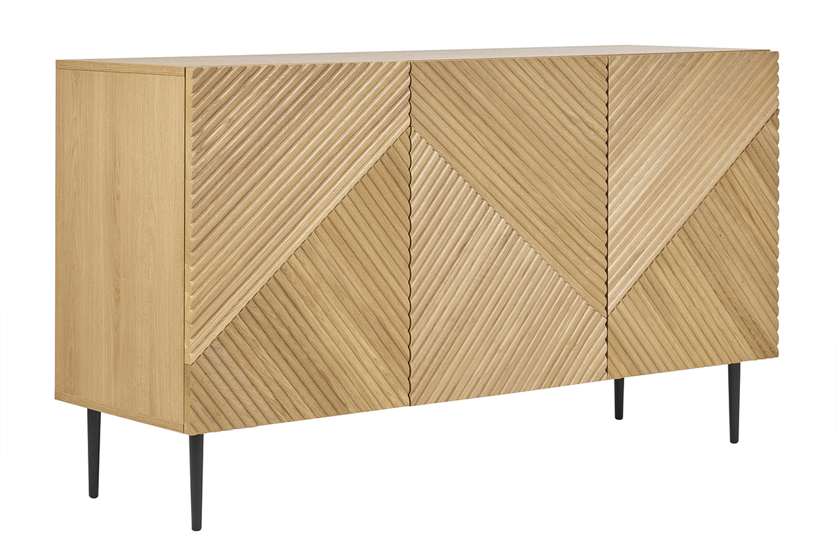 Credenza design in legno chiaro massello di rovere con incisioni e metallo nero 3 ante L135 cm ARCHIPEL