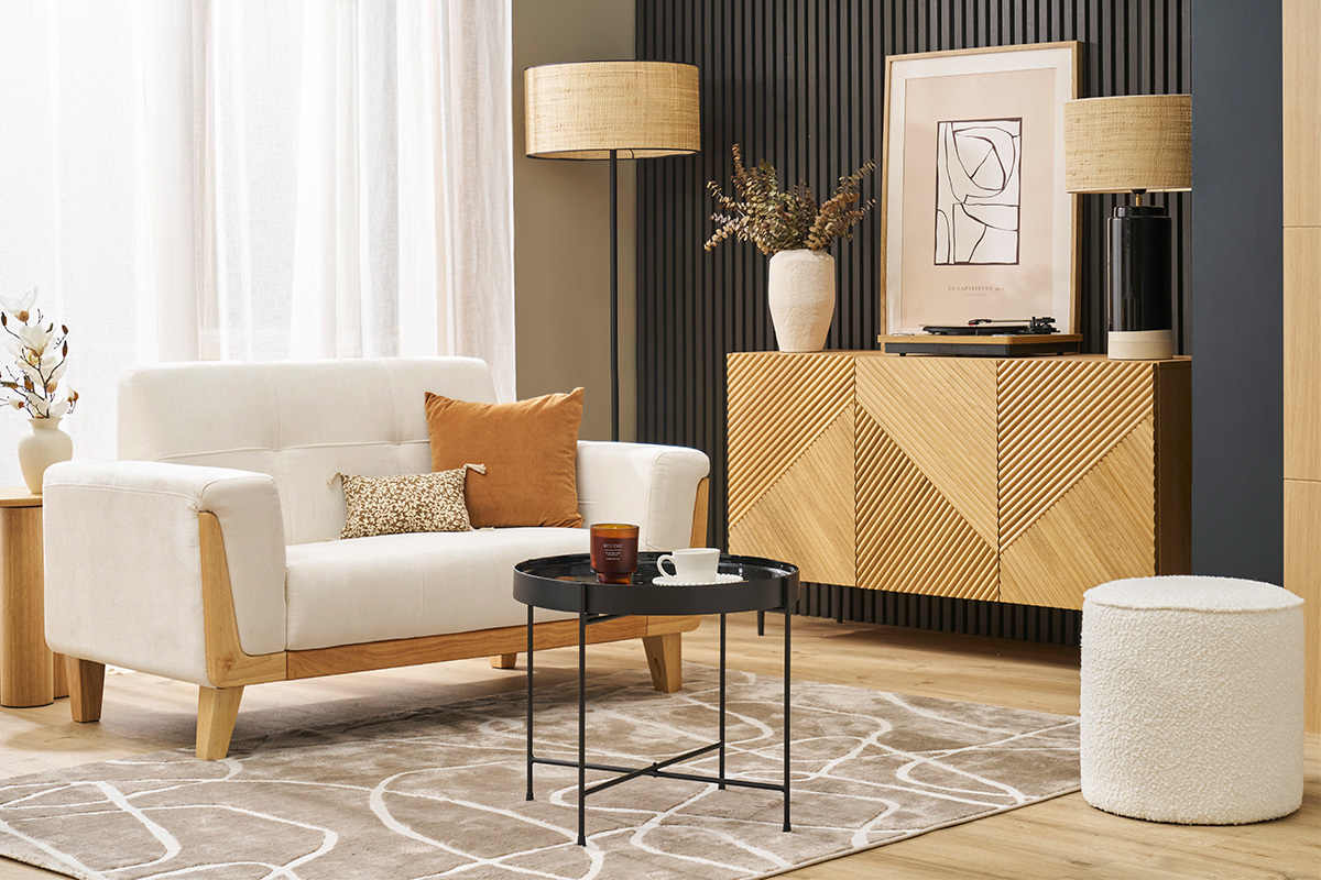 Credenza design in legno chiaro massello di rovere con incisioni e metallo nero 3 ante L135 cm ARCHIPEL