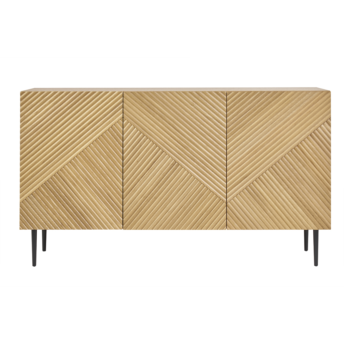 Credenza design in legno chiaro massello di rovere con incisioni e metallo nero 3 ante L135 cm ARCHIPEL