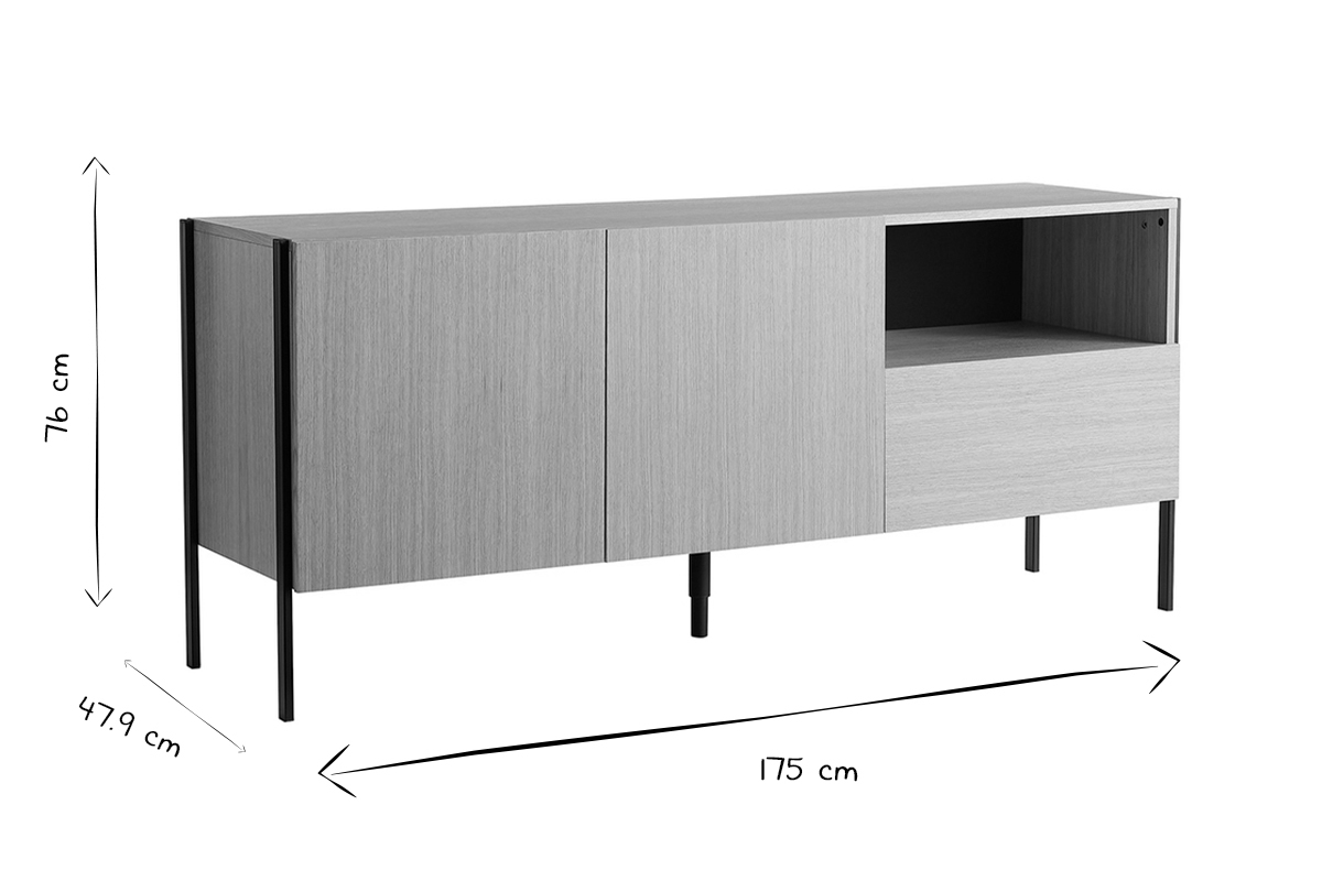 Credenza design in legno di rovere e metallo nero 2 ante 1 cassetto L175 HEDA