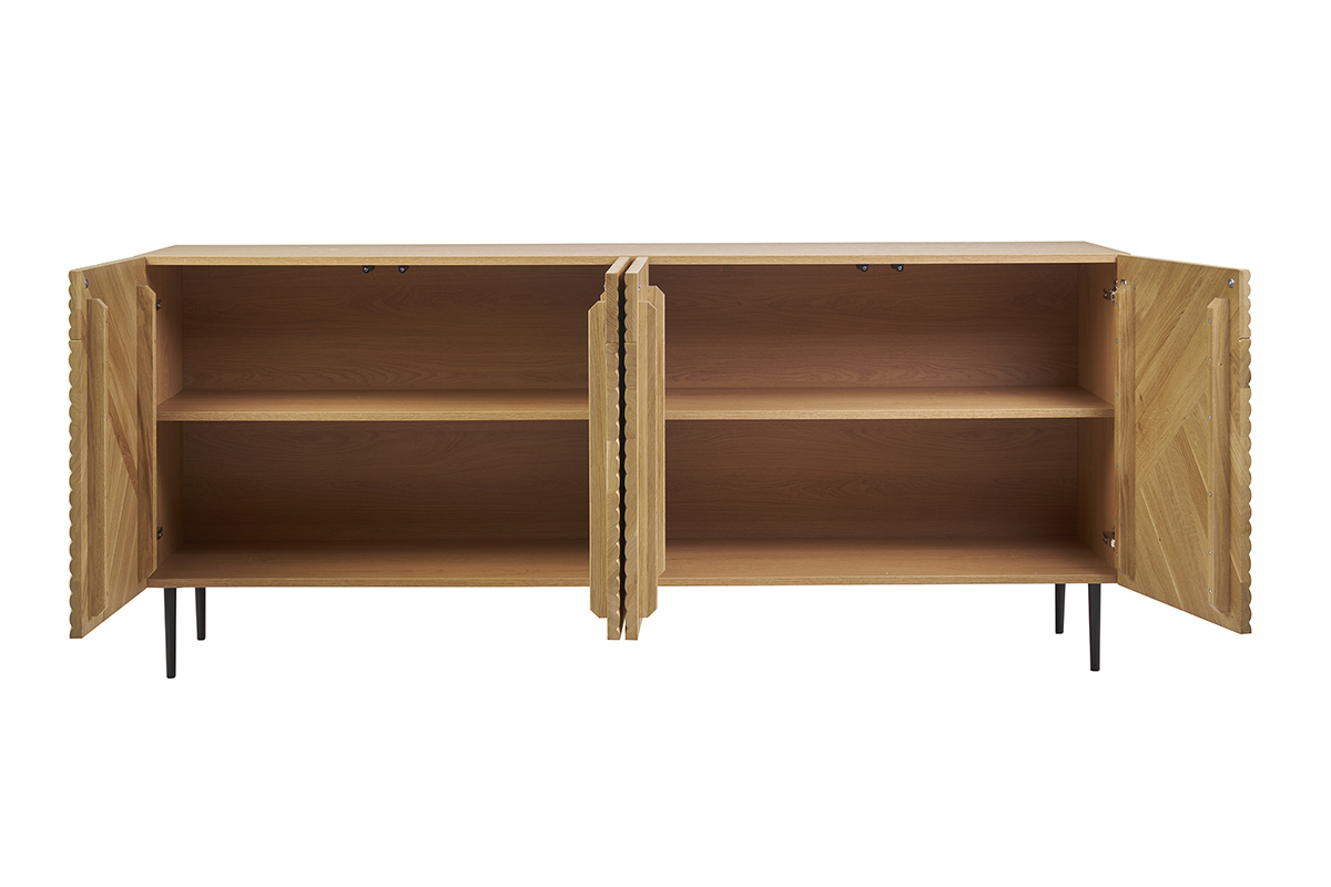 Credenza design in legno massello di rovere chiaro con incisioni e metallo nero 4 ante L180 cm ARCHIPEL