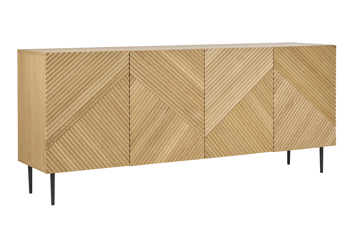 Credenza design in legno massello di rovere chiaro con incisioni e metallo nero 4 ante L180 cm ARCHIPEL