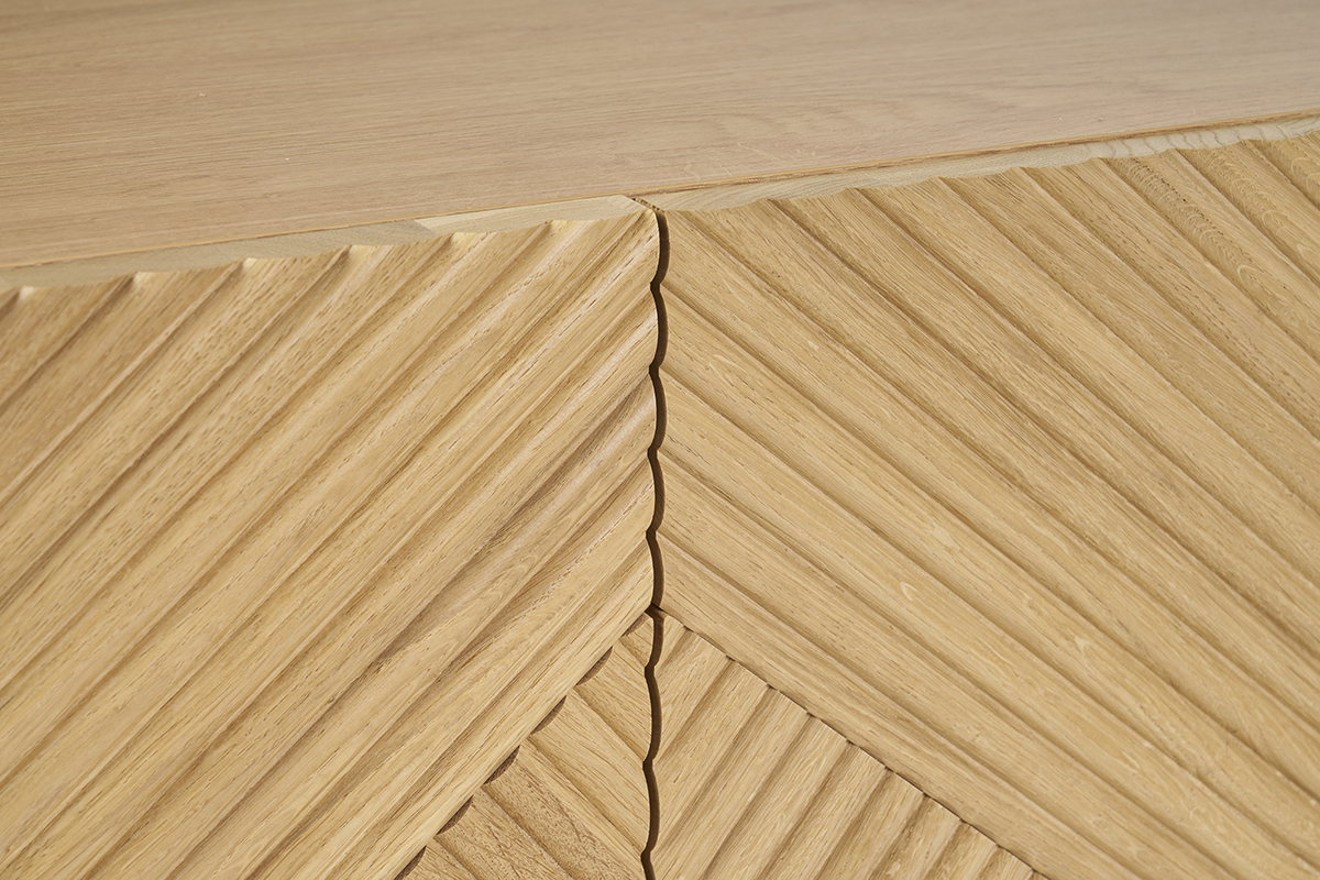Credenza design in legno massello di rovere chiaro con incisioni e metallo nero 4 ante L180 cm ARCHIPEL