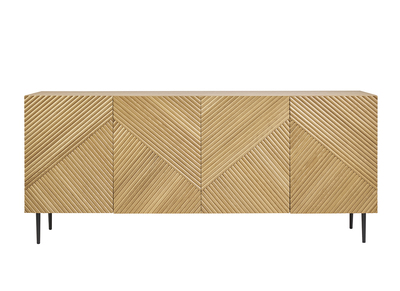 Credenza design in legno massello di rovere chiaro con incisioni e metallo nero 4 ante L180 cm ARCHIPEL