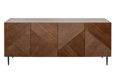 Credenza design in legno scuro massello di rovere chiaro con incisioni e metallo nero 4 ante L180 cm ARCHIPEL
