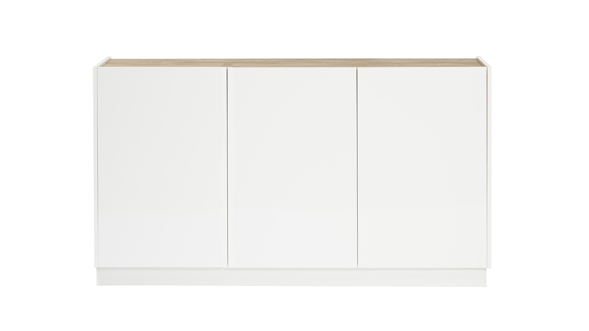 Credenza design laccato bianco lucido e legno chiaro 3 ante L155 cm NELIO