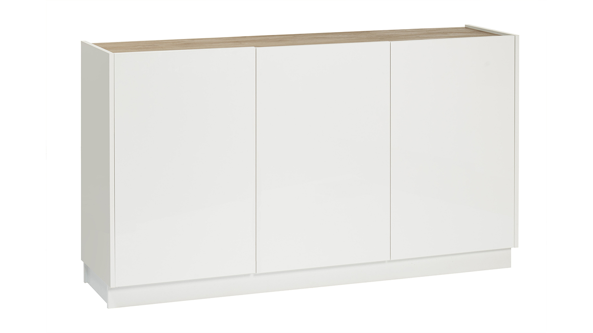 Credenza design laccato bianco lucido e legno chiaro 3 ante L155 cm NELIO