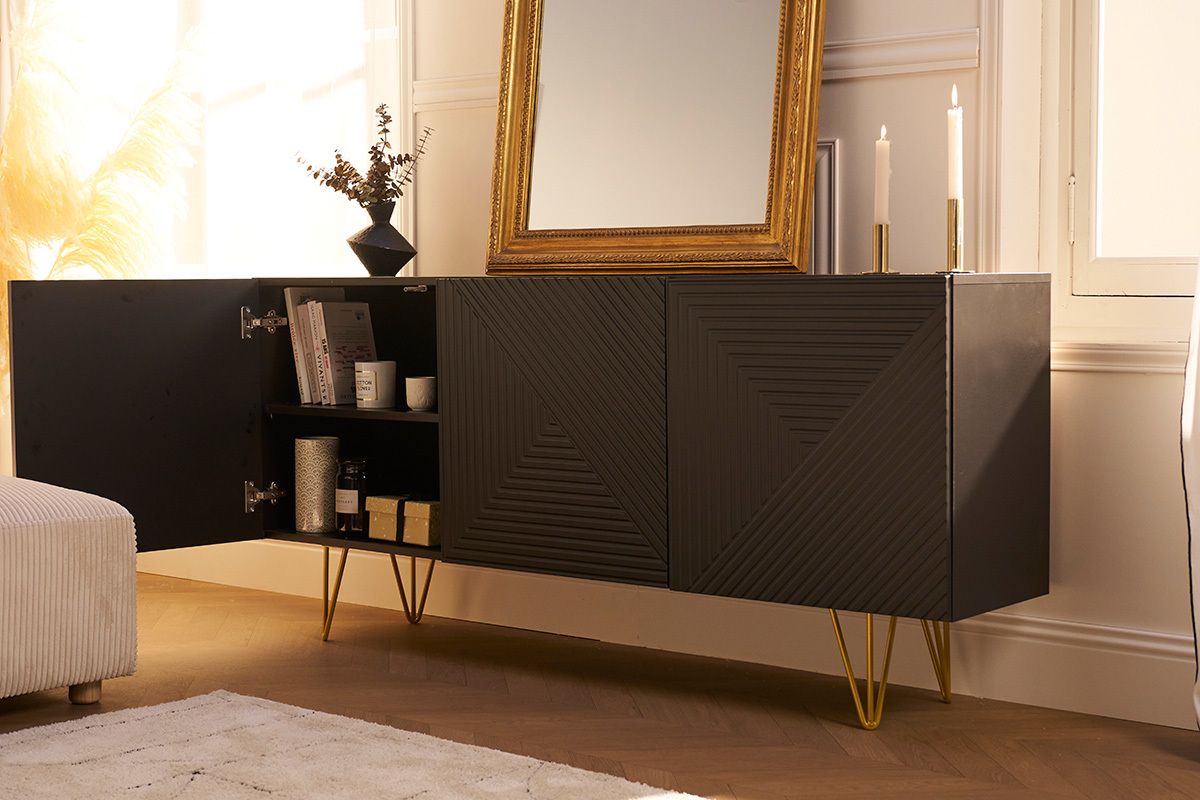 Credenza design nero e oro 3 ante L160 cm OZEN