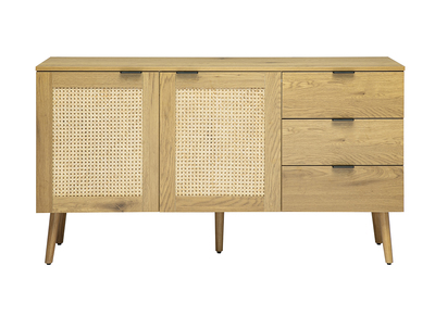 Credenza finitura legno chiaro, cannage in rattan e metallo nero 2 ante, 3 cassetti L135 cm MANILLE