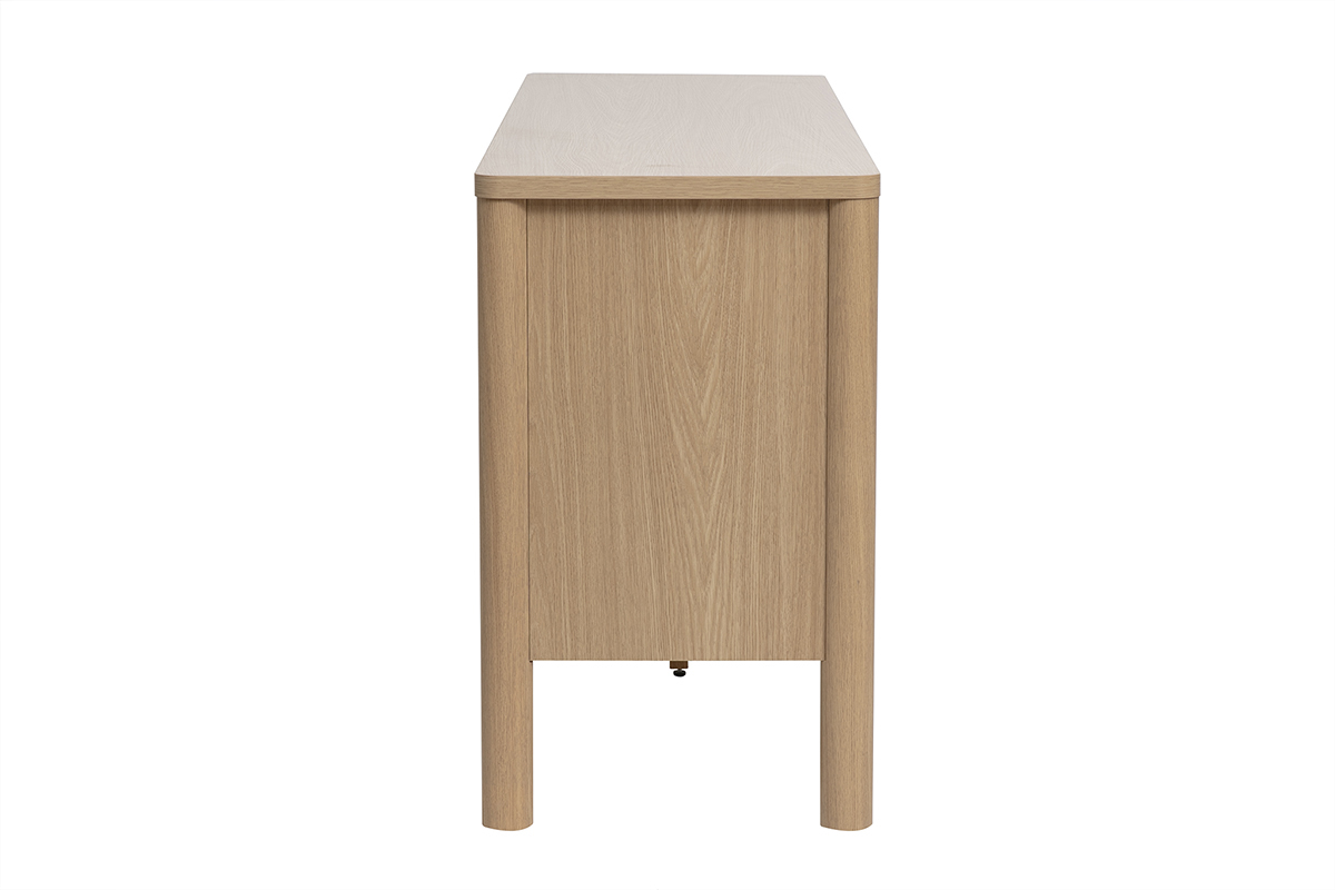 Credenza in legno di rovere chiaro, vista di profilo, con tre ante e quattro piedi cilindrici.