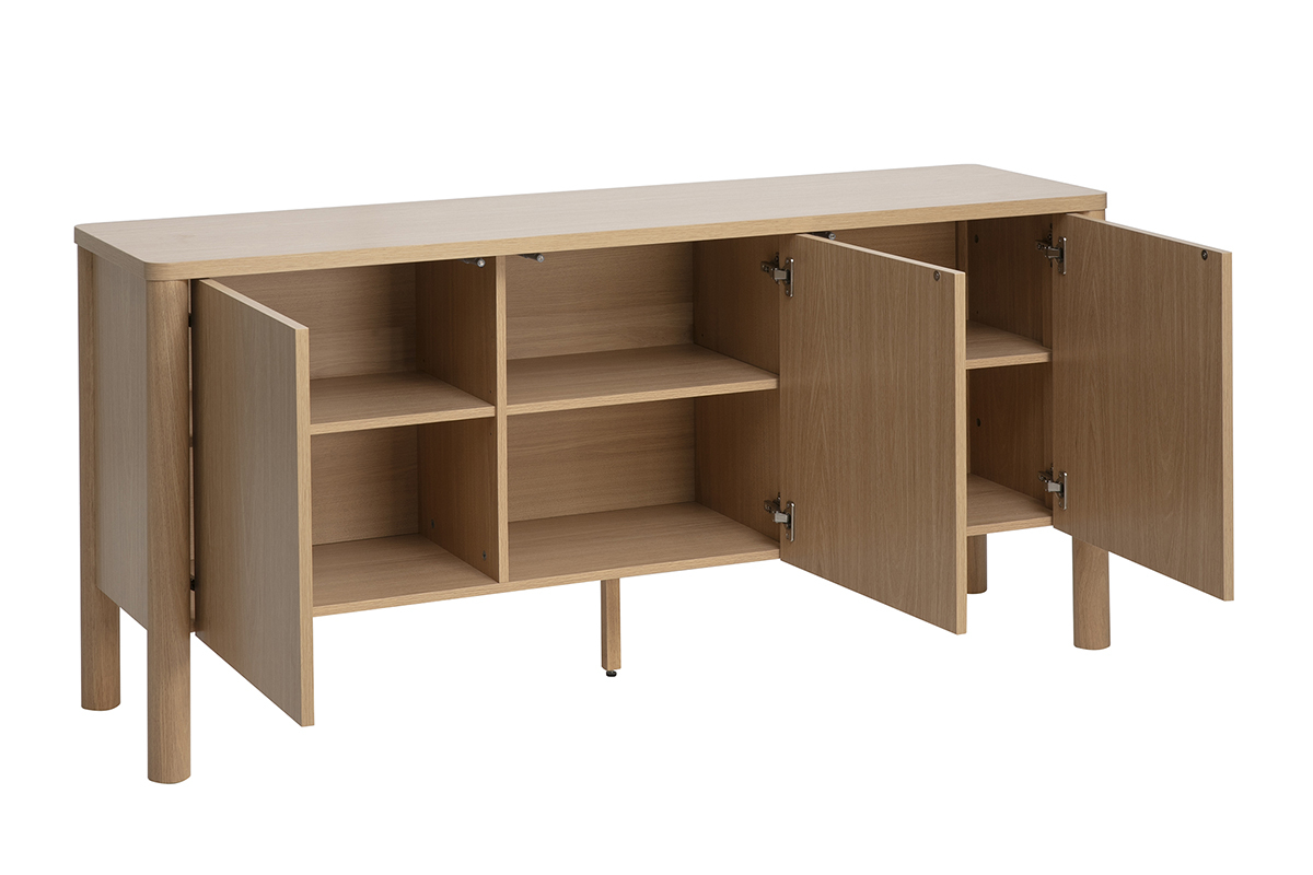 Credenza in legno chiaro di quercia con 3 porte aperte, che mostra scomparti di stoccaggio.