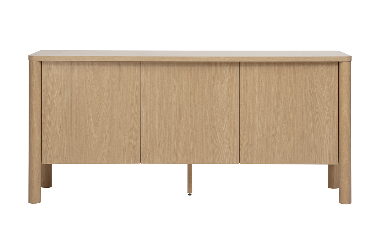 Credenza in legno chiaro di rovere con 3 ante e piedi rotondi, vista frontale.
