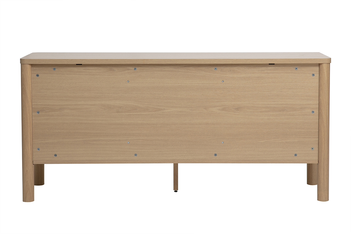 Credenza in legno chiaro di quercia con tre ante e piedini rotondi, vista posteriore