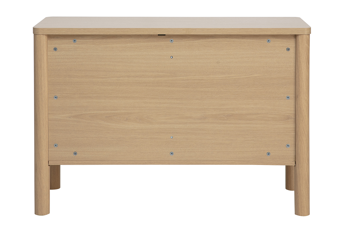 Vista posteriore del buffet IZZIE in legno chiaro di quercia, dimensioni L110 cm, finitura sobria.