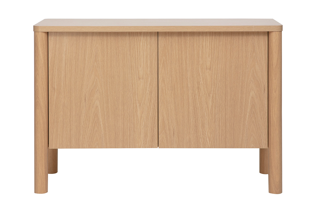 Credenza in legno chiaro di quercia, 2 porte, vista frontale, design scandinavo, dimensioni L110 cm