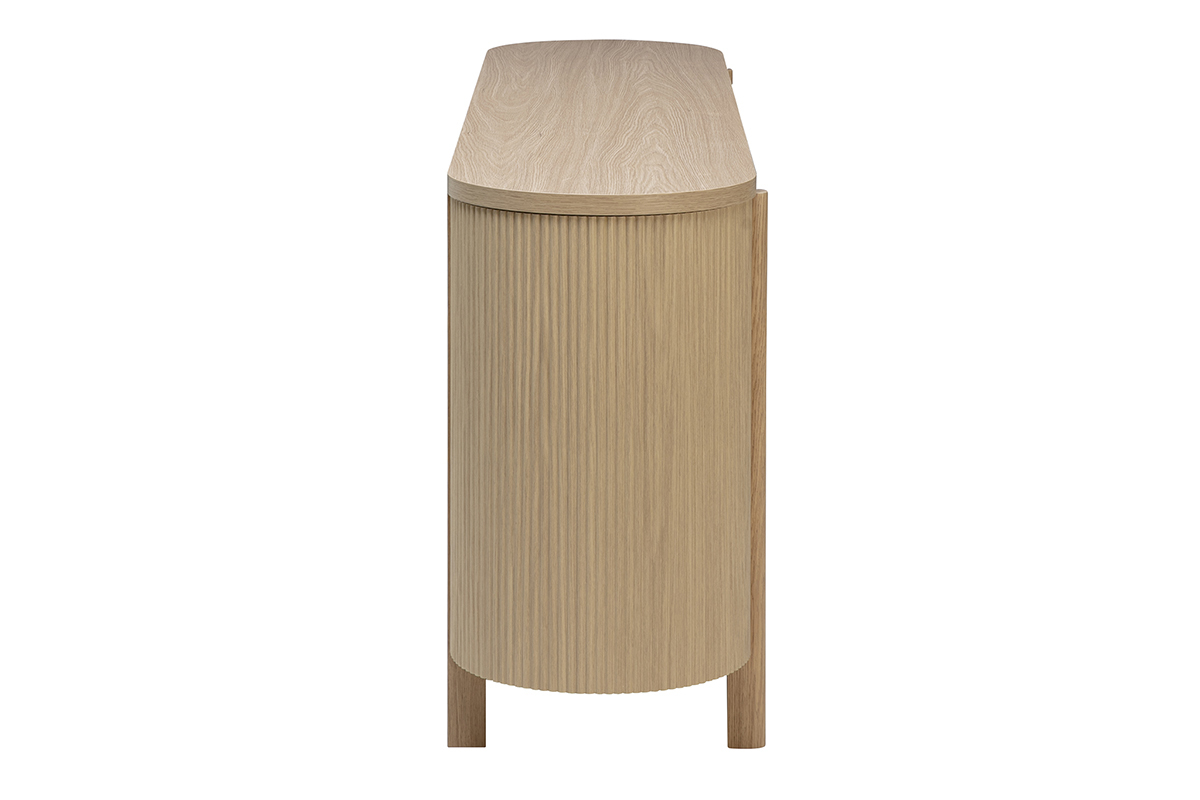Credenza in legno chiaro di quercia, tre ante, vista laterale con piedini arrotondati.